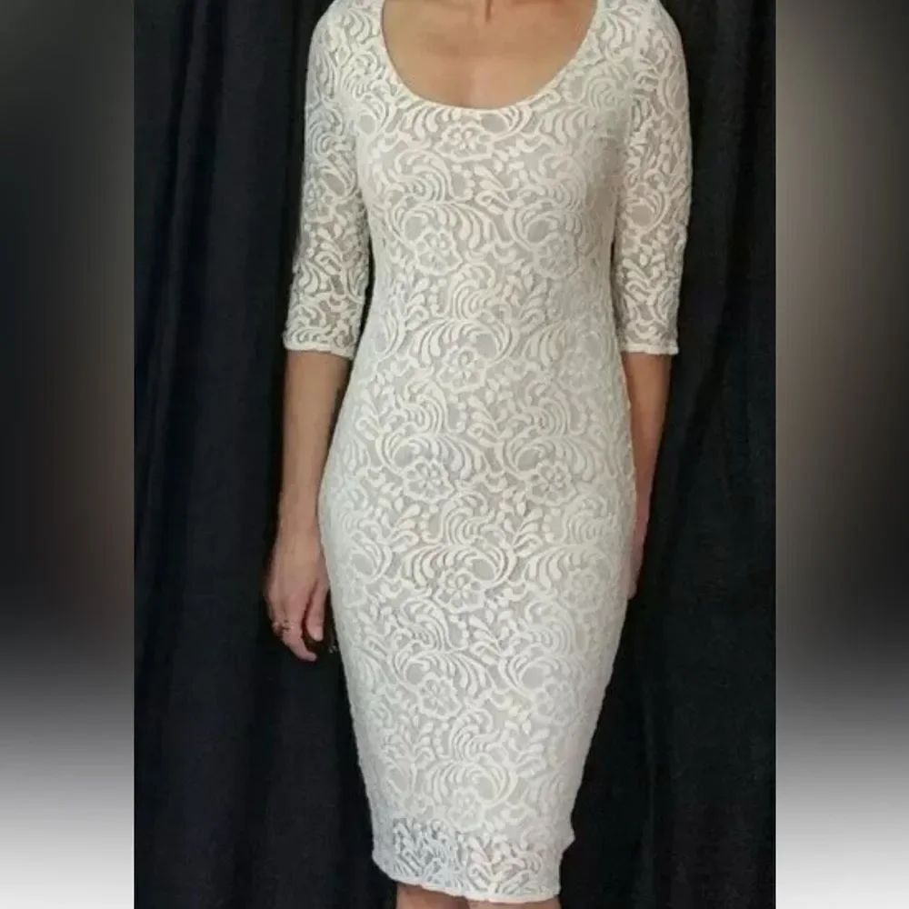 Eva Mendes for New York & Company White Lace Crotchet Midi Dress Sz 2 3/4 Sleeve